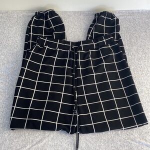 2/$25 Black white elastic waist pull on windowpane trousers tapered leg pants S